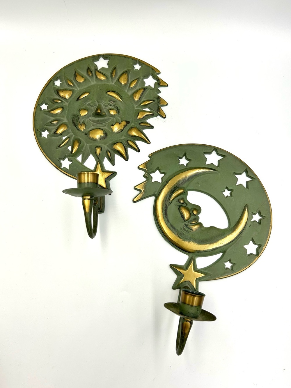 Vintage 1994 PartyLite Celestial Sun & Moon Wall Sconces Verdigris Brass Set 2